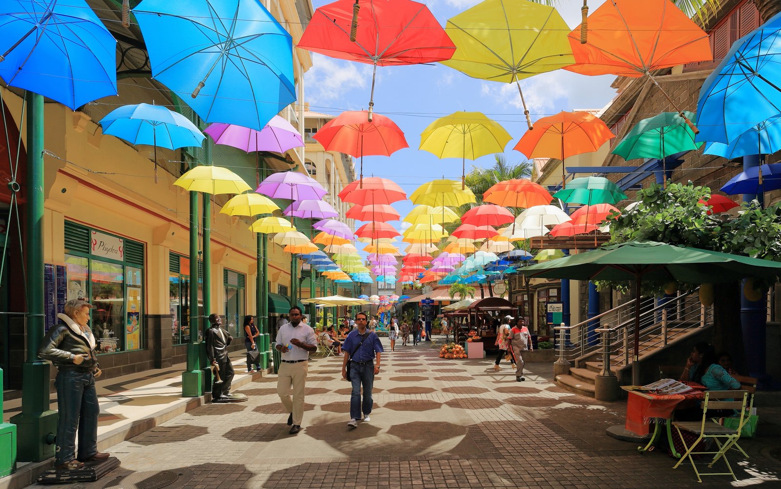 Umbrellas over a street at the Caudan Waterfront, Port Louis